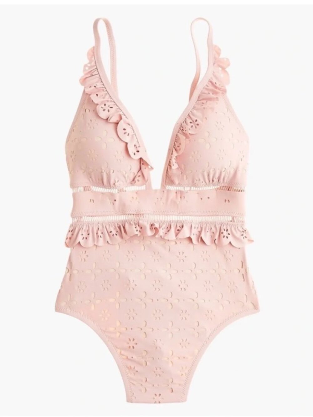 J.Crew Scalloped ruffle plunging swimsuit in laser-cut eyelet in Pink Blush NWT!
